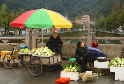 雄岙桥上卖菜的老人